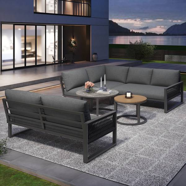Gartenmöbel-Set MetaRopeNatur 5-teilig Grau - Holzwerkstoff - Glas - Metall - Kunststoff - Textil - 233 x 86 x 178 cm