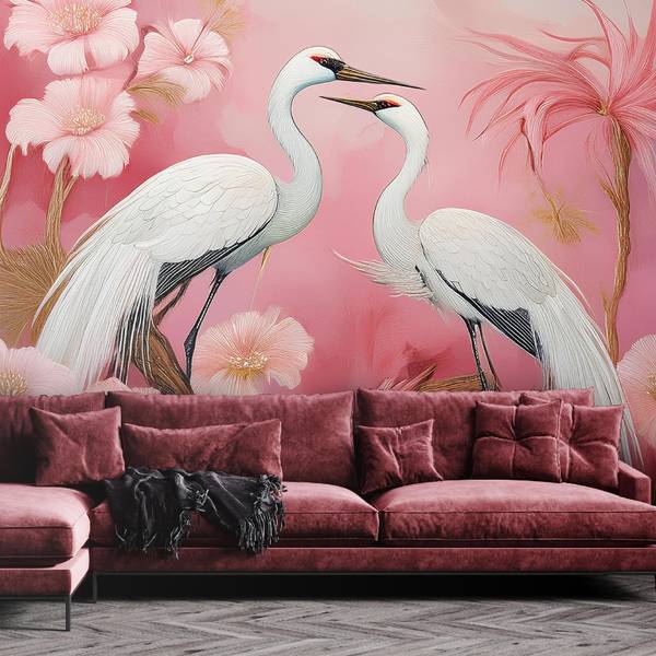 Fotobehang kraanvogels vogels bloemen 200 x 140 cm