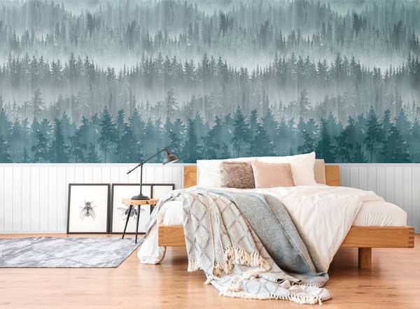 Wallpanel Waldtapete Sockel Blau - Weiß - Fleece - 159 x 280 x 1 cm