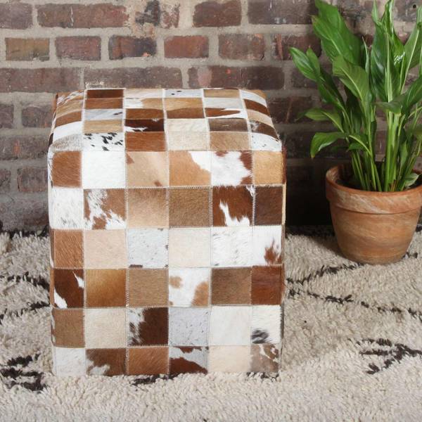 Patchwork Fellhocker Jaspal Beige - Holzwerkstoff - Echtfell - 45 x 45 x 45 cm