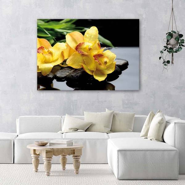 Wandbild narzissen und steine zen 120 x 80 cm