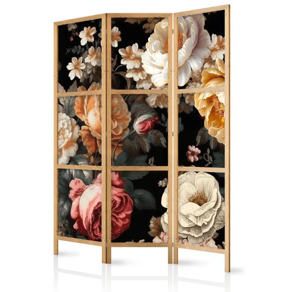 Paravent Blumen Blätter 3-tlg Beige - Schwarz - Grün - Rot - Holzwerkstoff - Textil - 135 x 172 x 3 cm