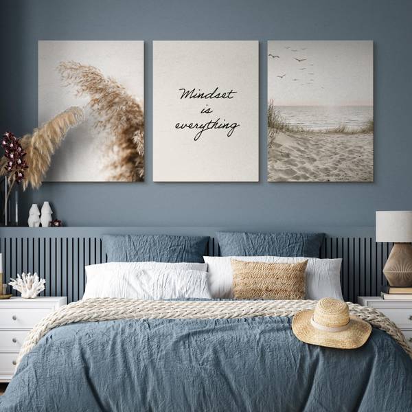 Set De Tableaux Plage Citation Plantes Beige - Noir - Vert - Lin - 90 x 40 x 40 cm