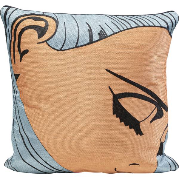 Coussin Comic Face Beige - Bleu - Coton - 50 x 50 x 14 cm