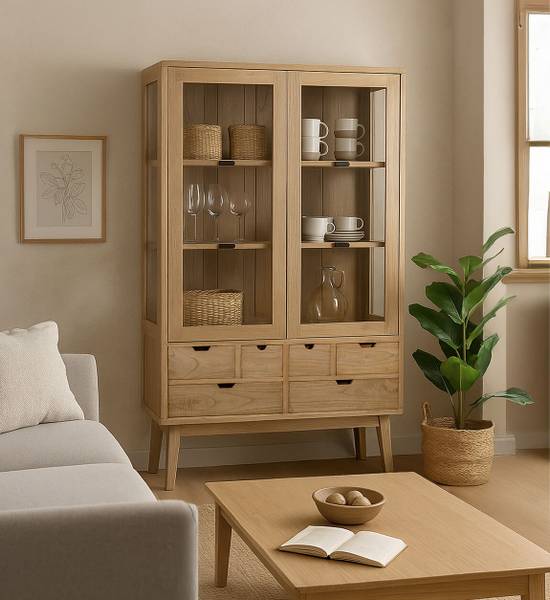 Vitrinenschrank Scandi Beige - Holz teilmassiv - 105 x 180 x 40 cm