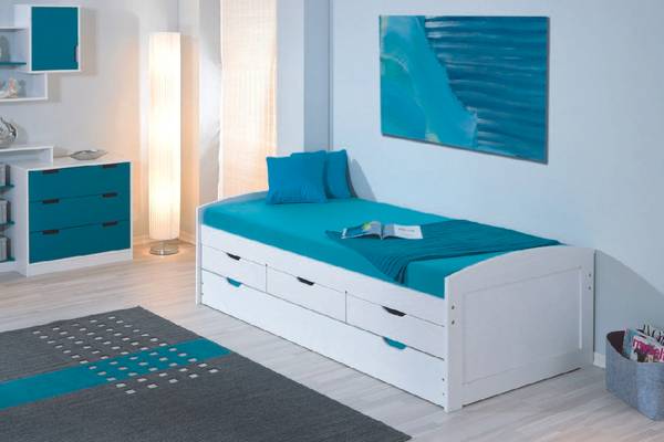 Einzelbett mit unterem Ausziehbett und Weiß - Massivholz - 195 x 63 x 98 cm