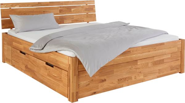 Massivholzbett Ema mit Bettkasten Braun - Wildeiche - 90 x 48 x 200 cm
