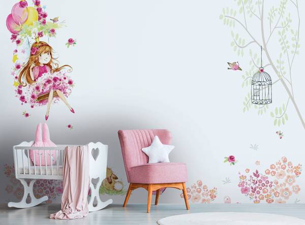 Fototapete Prinzessin Schaukel Beige - Grün - Pink - Violett - Weiß - Gelb - Vinyl - 350 x 255 x 1 cm