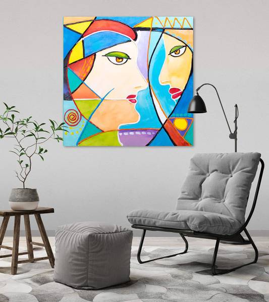 Tableau peint à la main Visages Amara Coton - 87 x 87 x 6 cm