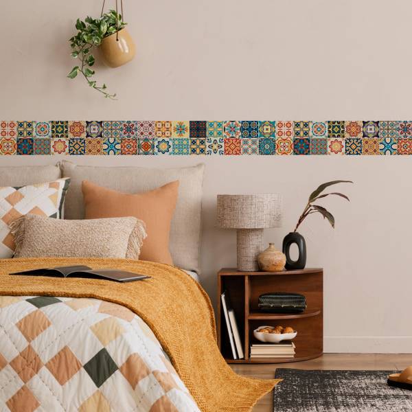 Behangrand Kleurrijke MOZAÏEK Ornamenten beige - zwart - blauw - rood - vlies - 10 x 300 x 300 cm