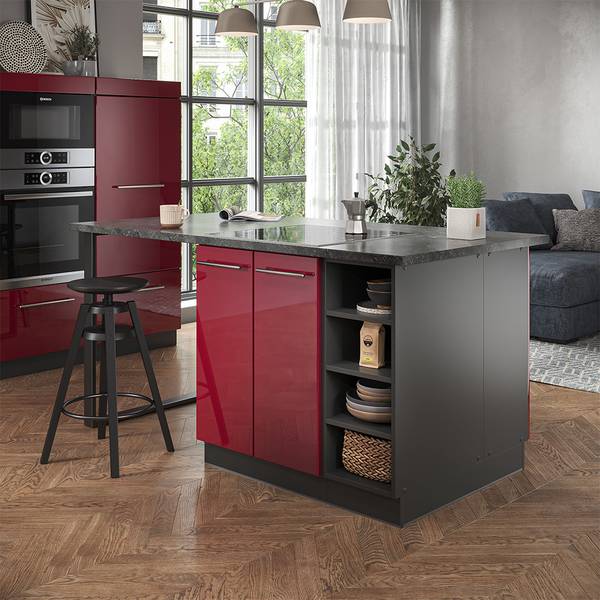 Keukeneiland Fame-Line 38731 antracietkleurig - hoogglans bordeauxrood
