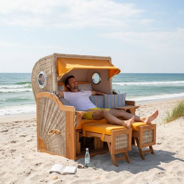 Strandkorb Düne Grande 2,5 Sitzer Gelb - Polyester - Teakholz - 142 x 170 x 95 cm