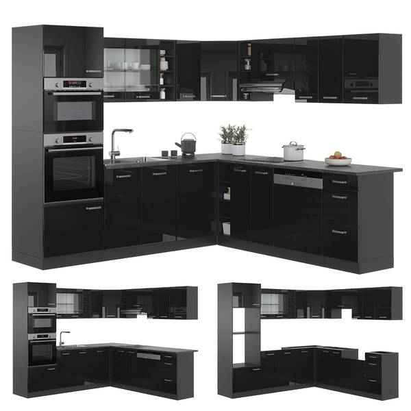 Eckküche R-Line 40970 14er Set Anthrazit - Hochglanz Schwarz