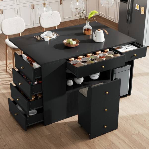 Kücheninsel mit Barhocker Thetis Ⅵ Schwarz - Holzwerkstoff - Metall - 70 x 91 x 140 cm