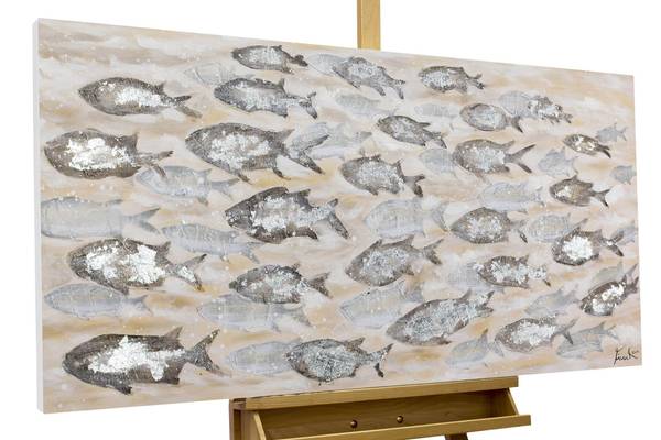 Acrylbild Handgemalt Fische Yi Beige - Grau - Baumwollstoff - 120 x 60 x 4 cm