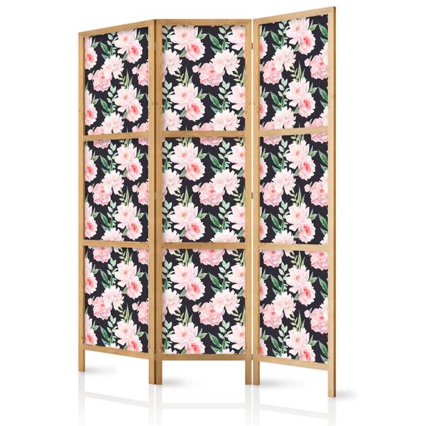 Paravent Blumen Natur 3-tlg Schwarz - Grün - Pink - Holzwerkstoff - Textil - 135 x 172 x 3 cm