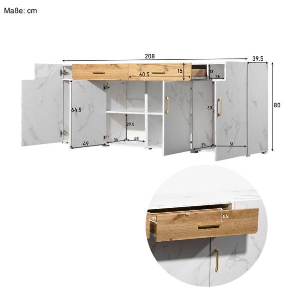 Sideboard Emma Weiß - Holzwerkstoff - Metall - 208 x 80 x 39 cm