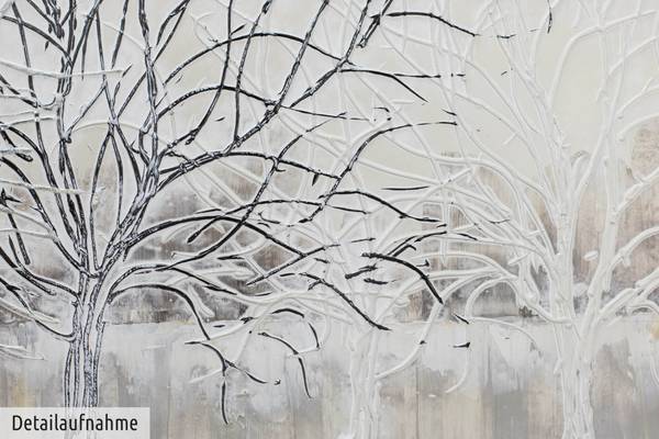 Tableau peint à la main Branche argentée Beige - Blanc - Coton - 120 x 60 x 4 cm