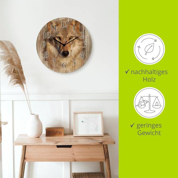 Wanduhr Holz Wolf Braun - Birke - 30 x 30 x 1 cm