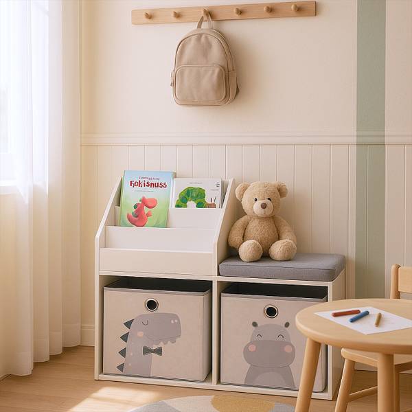 Kinderbank mit Bücherregal Grau - Weiß - Polyester - 79 x 72 x 31 cm