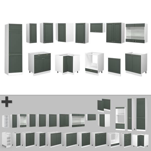 Eckküche Fame-Line 42410 13er Set Grün - Eiche Landhaus Dekor - Weiß