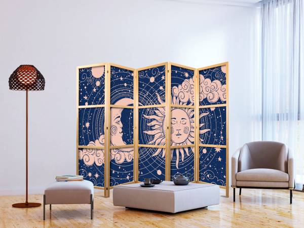Paravent Sonne Wolken 5-tlg Blau - Pink - Weiß - Holzwerkstoff - Textil - 225 x 172 x 3 cm