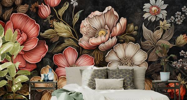 Papier Peint FLEURS Feuilles Style Rétro 368 x 254 x 254 cm