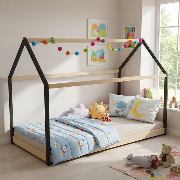 Hausbett PANDA mit Lattenrost Schwarz - Fichte - 97 x 134 x 195 cm