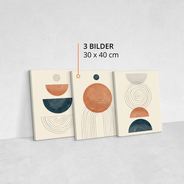 Leinwandbilder KREISE Boho 3-er Set Beige - Schwarz - Blau - Braun - Orange - Türkis - Leinen - 90 x 40 x 40 cm