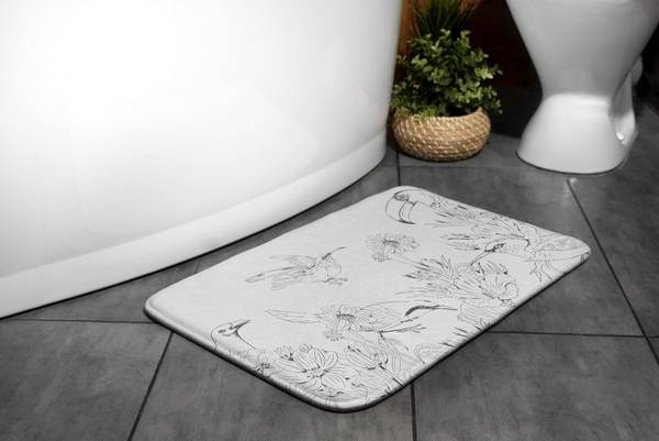 Badteppich Linien Vögel Weiß - Textil - 90 x 60 x 90 cm