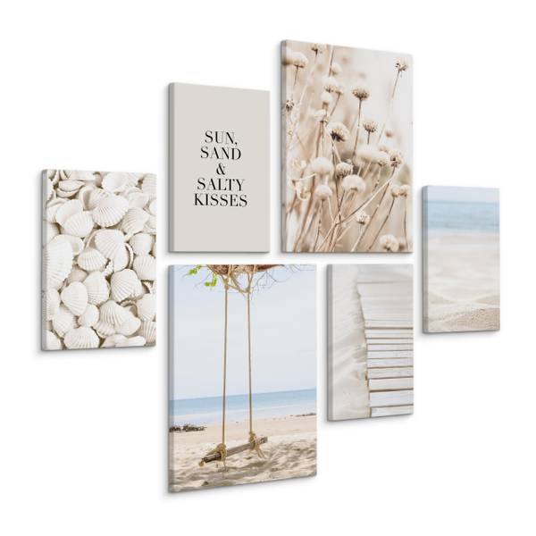 Set De Tableaux Plage Plantes Citation Beige - Bleu - Blanc - Lin - 90 x 80 x 80 cm