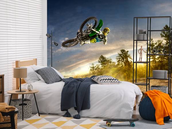 Fototapete Motocross Sprung Berge Bäume 350 x 256 x 256 cm