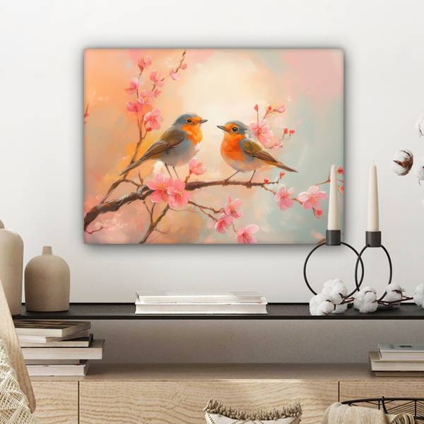 LEINWANDBILD Rotkehlchen Pink - Baumwollstoff - 40 x 30 x 2 cm