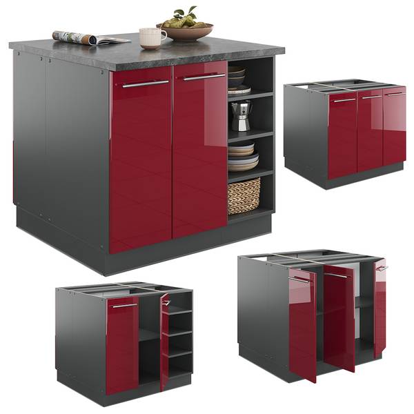 Keukeneiland Fame-Line 38731 antracietkleurig - hoogglans bordeauxrood