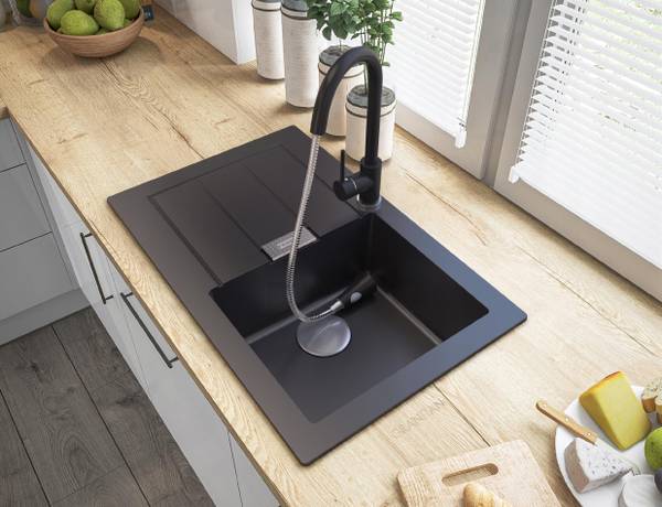 Spülbecken Sid611-78 mit Batterie Schwarz - Keramik - 78 x 50 x 20 cm