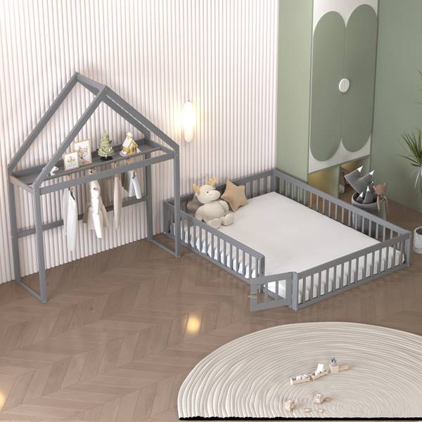 Hausbett Jonas Grau - Massivholz - 144 x 198 x 205 cm