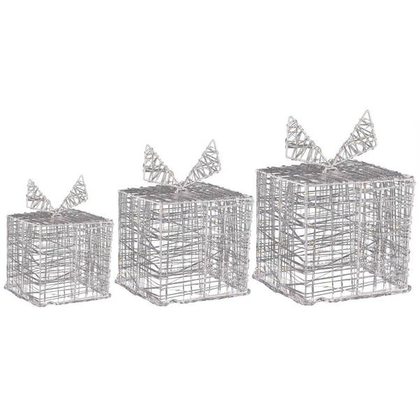 LED Geschenkbox Set, 3 Größen warm Licht Silber - Kunststoff - 20 x 21 x 21 cm