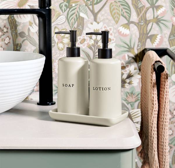 Seifen-/Lotionspender-Set, 3-tlg Beige - Keramik - 10 x 22 x 18 cm