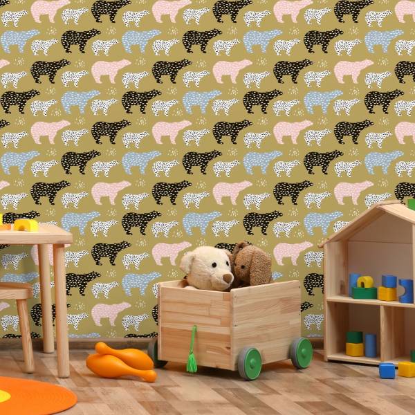Tapete Wildtiere Bären Beige - Schwarz - Blau - Weiß - Fleece - 53 x 1000 x 1000 cm