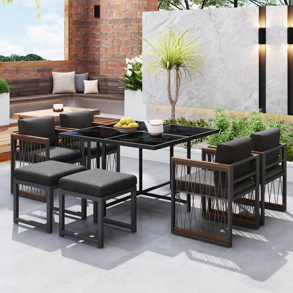 Gartenmöbelset Hephaestus 7-tlg Schwarz - Braun - Polyester - Webstoff - Akazie - Eisen - 158 x 74 x 230 cm