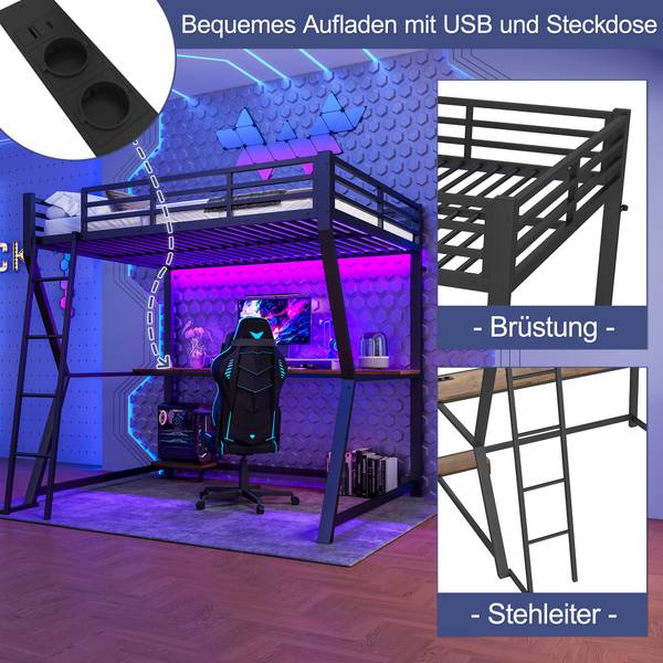Hochbett Yasmin mit LED-Beleuchtung Schwarz