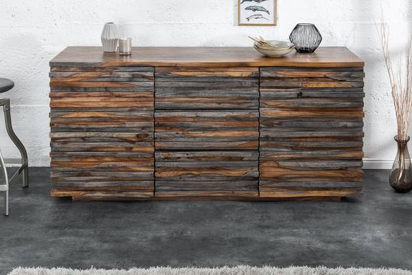 Sideboard RELIEF Braun - Grau - Sheesham - 160 x 75 x 45 cm