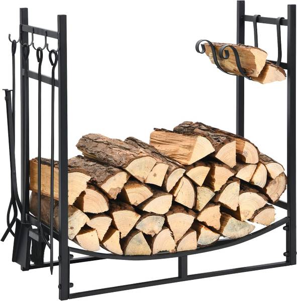 Kaminholzregal mit Kaminbesteck Set Schwarz - Metall - 33 x 76 x 76 cm