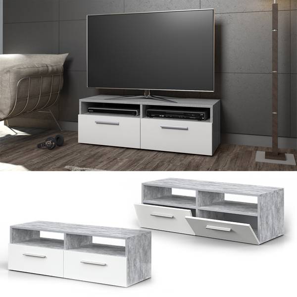 Meuble tv Diego 24538 Imitation béton - Blanc pur - Largeur : 95 cm