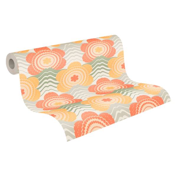 Retrotapete mit Blumen Creme - Grün - Orange - Gelb