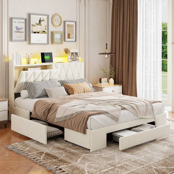 Doppelbett Stauraum TSGHP59 Beige - Metall - Massivholz - 217 x 108 x 165 cm