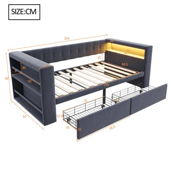 Polsterbett Phoebe Ⅰ Grau - Holzwerkstoff - Textil - 97 x 69 x 214 cm