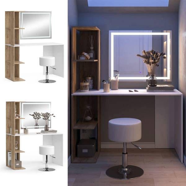 Kaptafel set met kruk Tower 49449 bruin - wit - plaatmateriaal op houtbasis - 123 x 76 x 56 cm