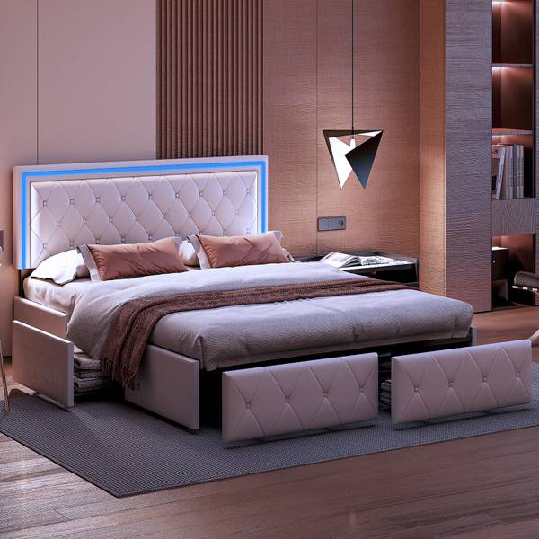 Doppelbett Polsterbett HDF09 Beige - Metall - Massivholz - 145 x 96 x 208 cm