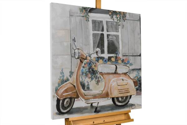 Tableau peint à la main Scooter Rétro Gris - Coton - 60 x 60 x 4 cm